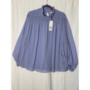 Calvin Klein Womens Smocked Mock Neck Balloon Sleeve Blouse Blue 2X W1HAI557